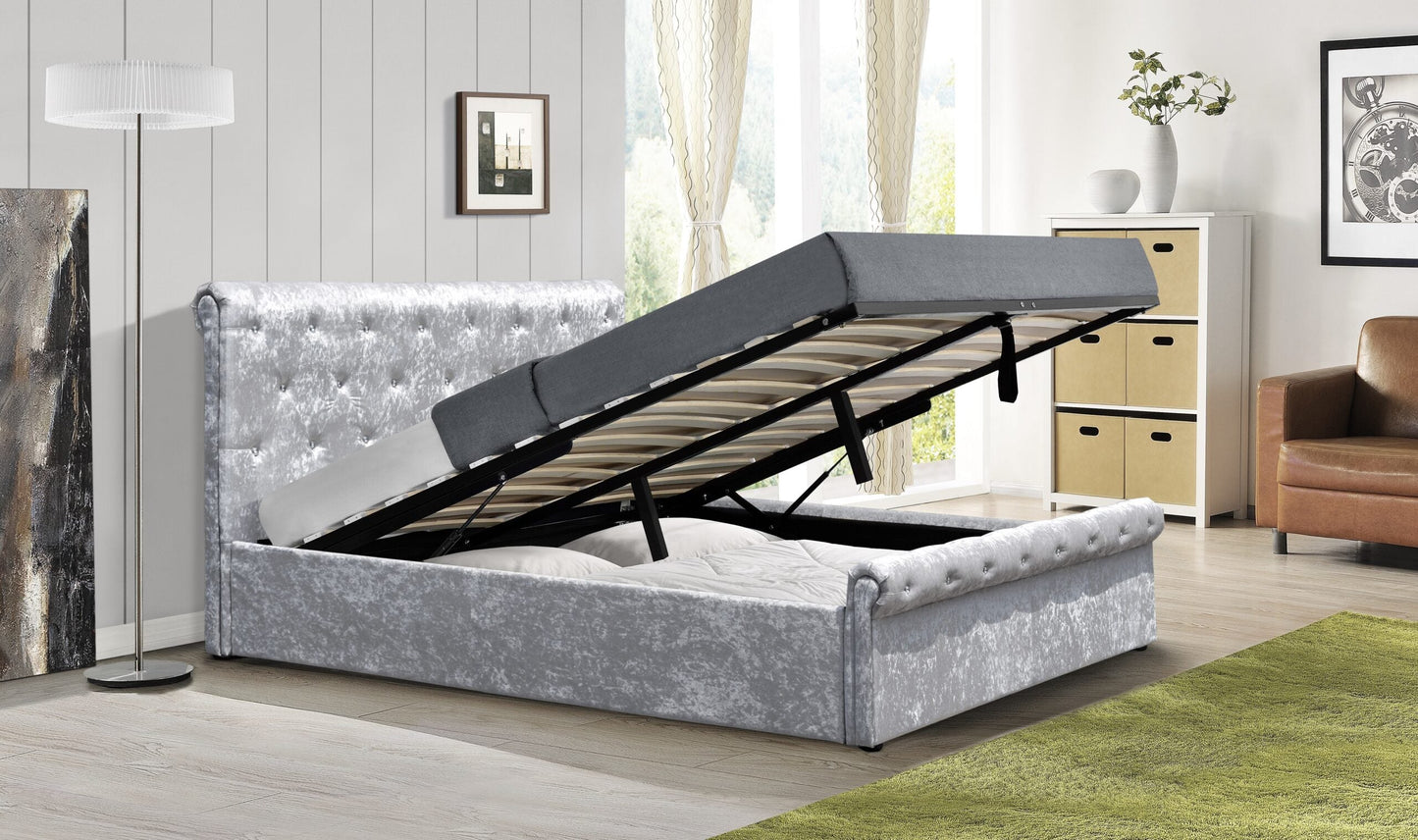 Marseille Crushed Velvet Ottoman Sleigh Bed Frame - Luxurious & Space-Saving Elegance for Your Bedroom