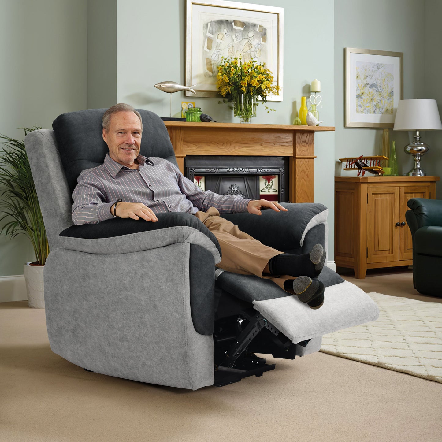 Two Tone Contrast Fabric Recliner Set Chair 2 Seater Sofa 3 Seater Sofa Grey