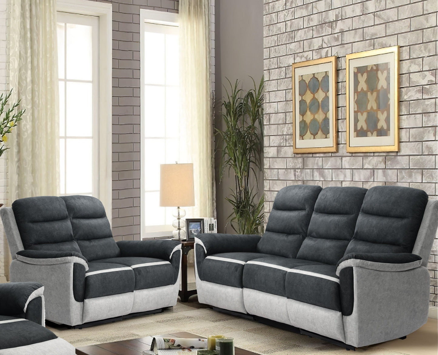 Two Tone Contrast Fabric Recliner Set Chair 2 Seater Sofa 3 Seater Sofa Grey