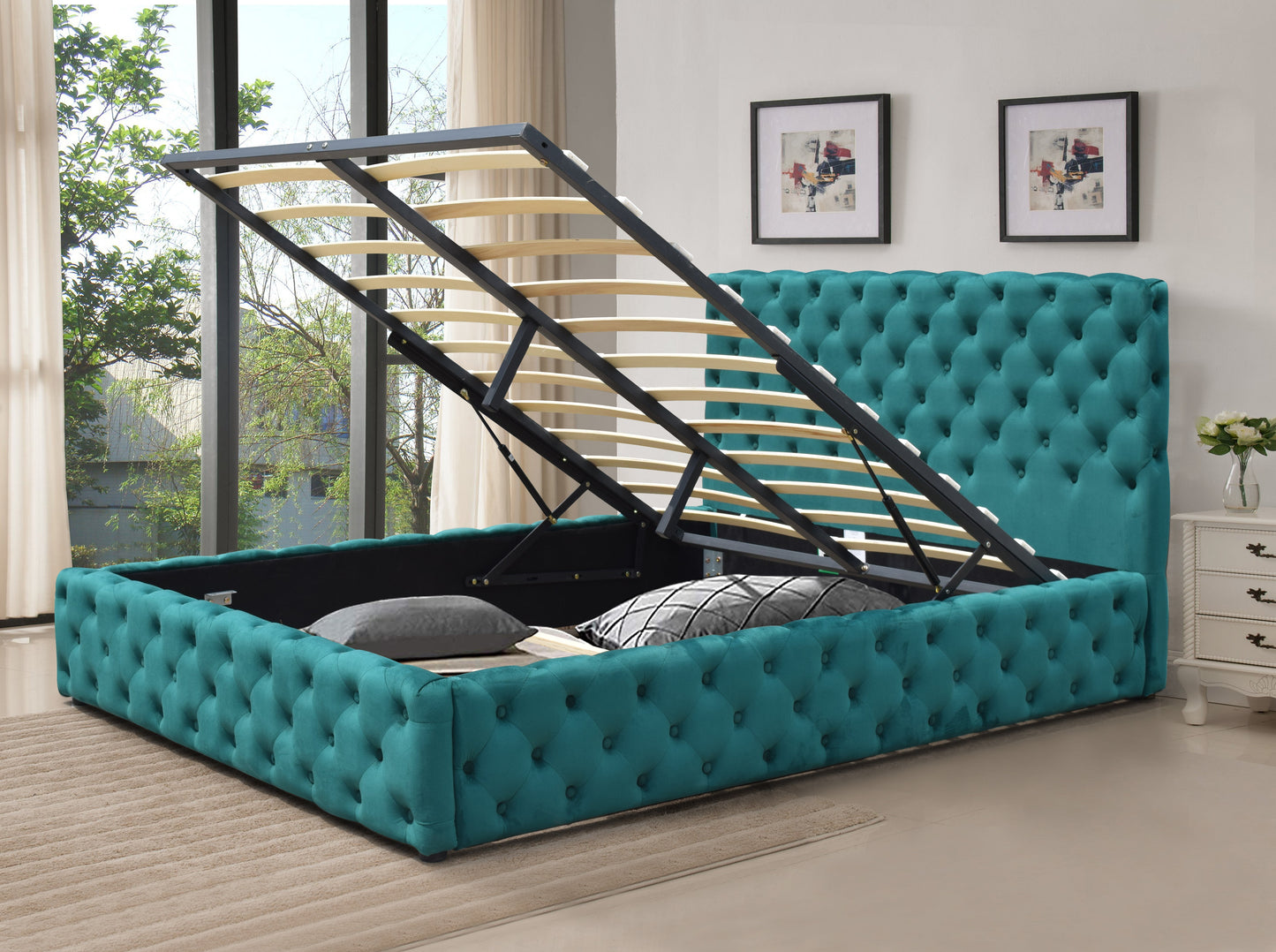 Tufted Fabric Gas Lift Ottoman Bed Frame, 3ft, 4ft6, or 5ft Grey Green Bedroom