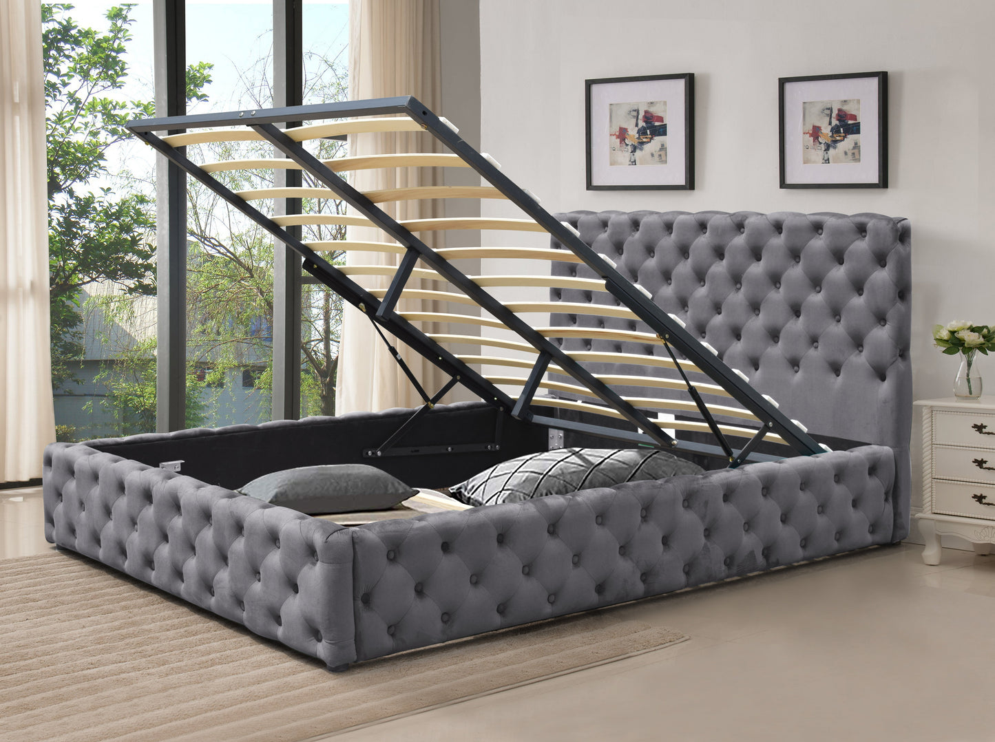Tufted Fabric Gas Lift Ottoman Bed Frame, 3ft, 4ft6, or 5ft Grey Green Bedroom
