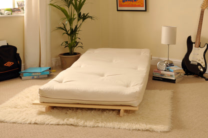 Wooden Futon sofa bed frame with a Standard Mattress