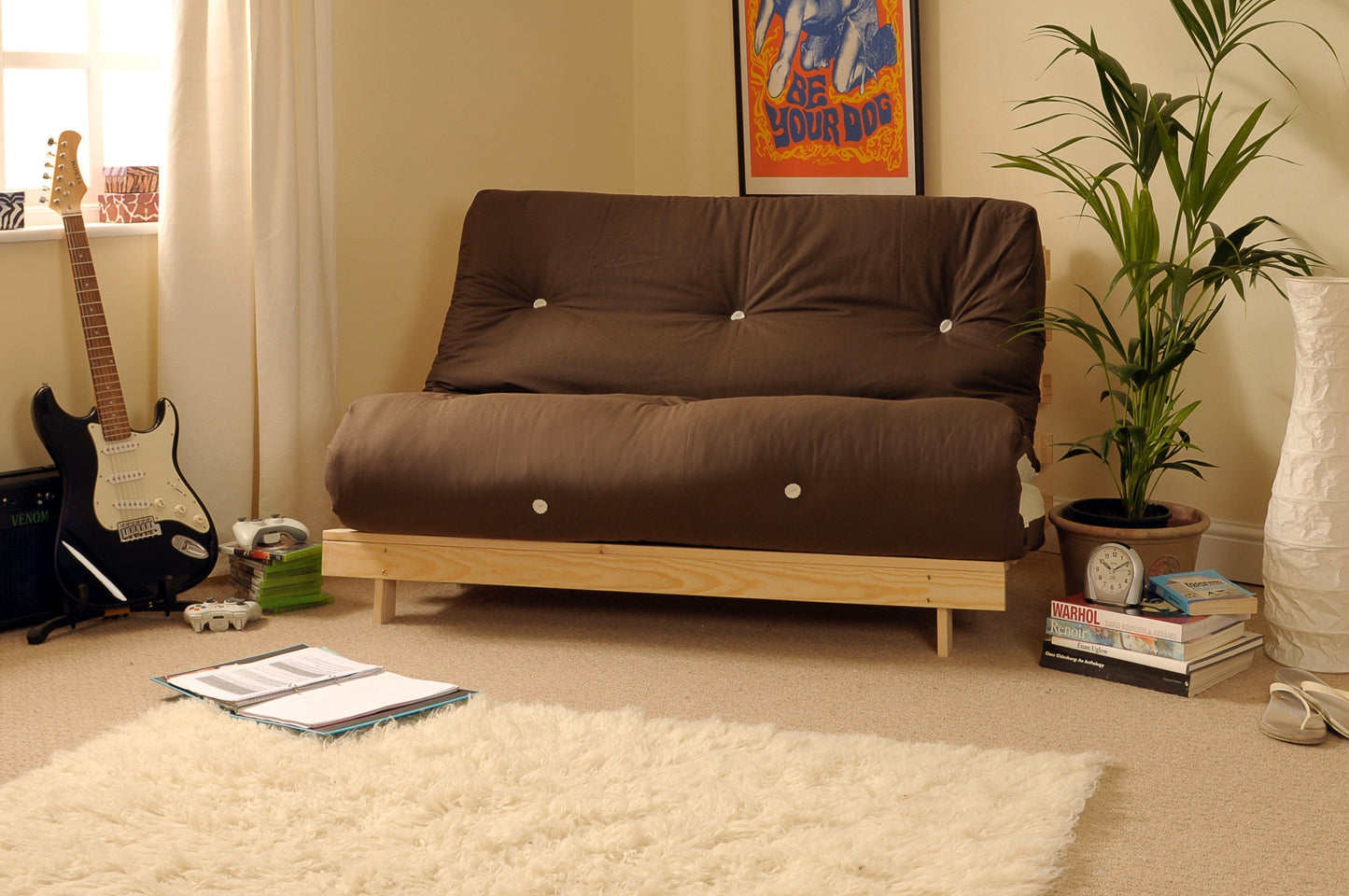 Wooden Futon sofa bed frame with a Standard Mattress