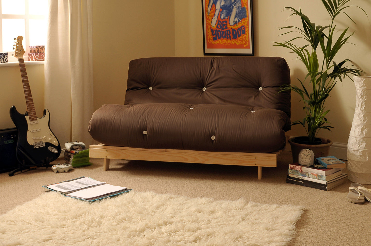 Wooden Futon sofa bed frame with a Luxury Mattress