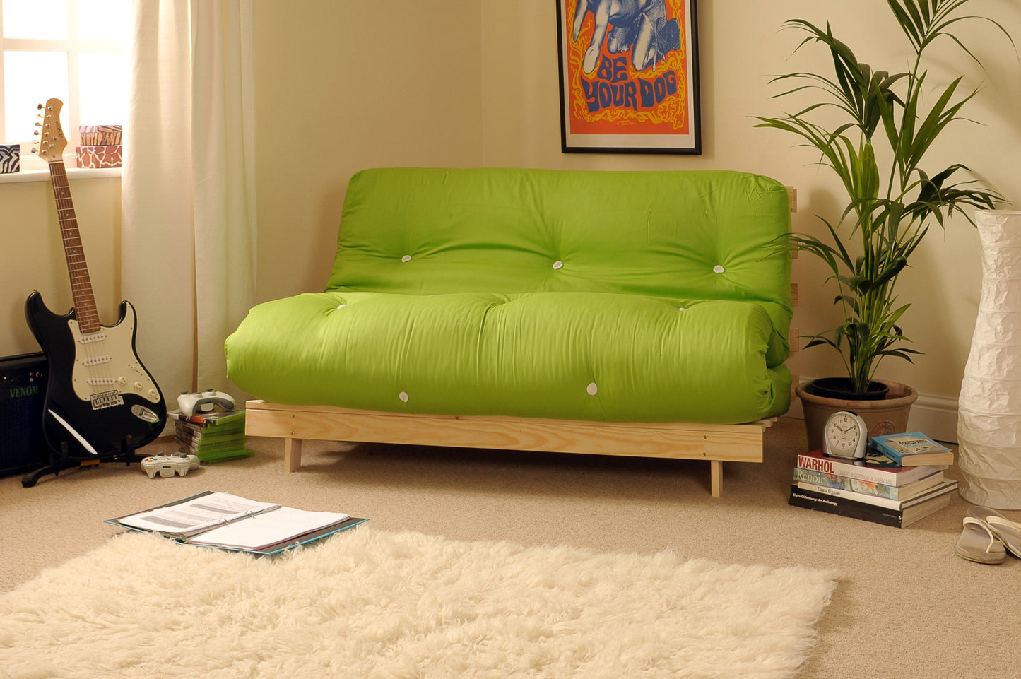 Wooden Futon sofa bed frame with a Standard Mattress