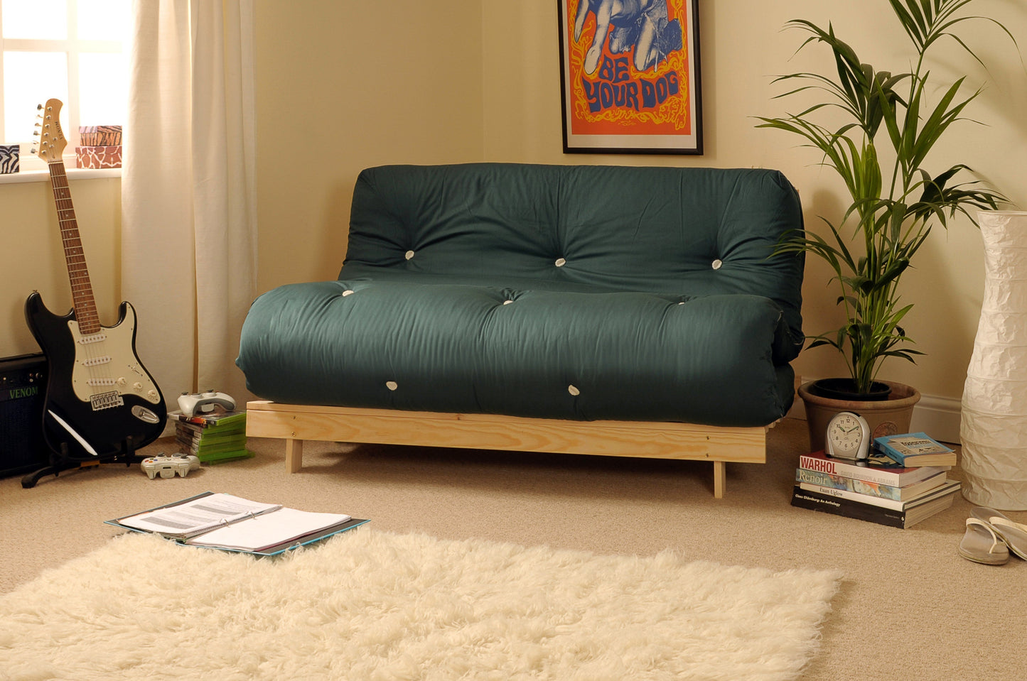 Wooden Futon sofa bed frame with a Luxury Mattress