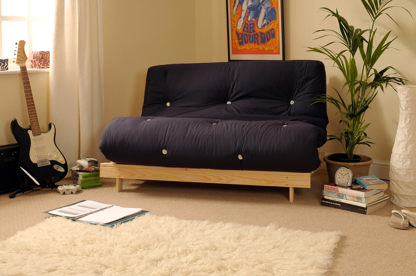 Wooden Futon sofa bed frame with a Luxury Mattress