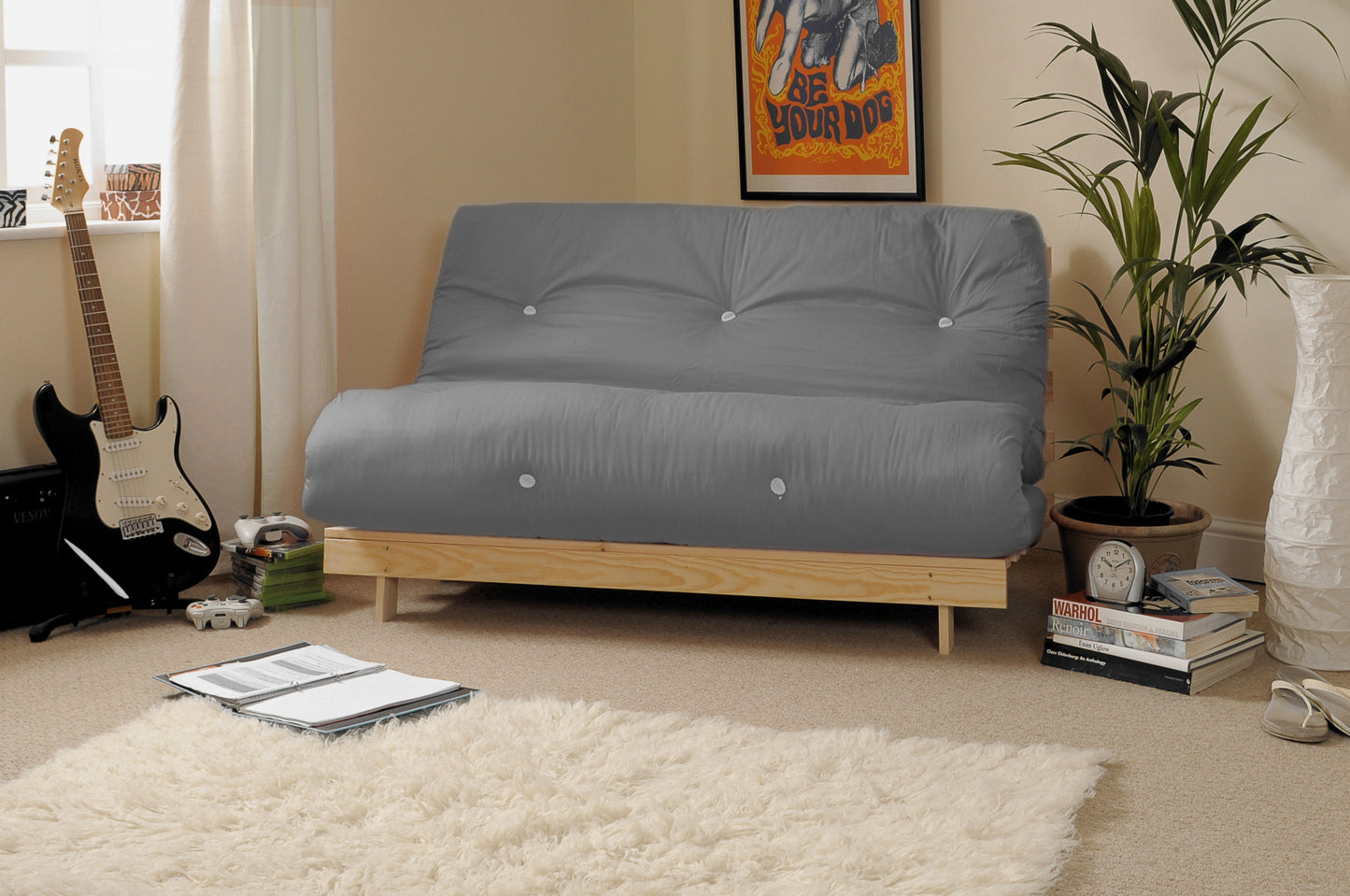 Wooden Futon sofa bed frame with a Standard Mattress