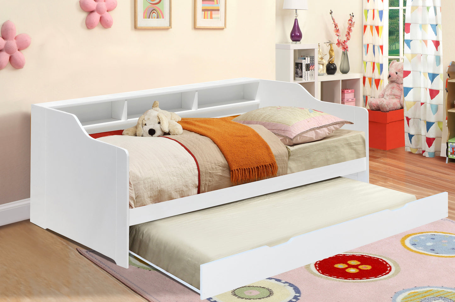 3ft Wooden Bed with Trundle, Grey, White or Caramel With Shelving Bedroom