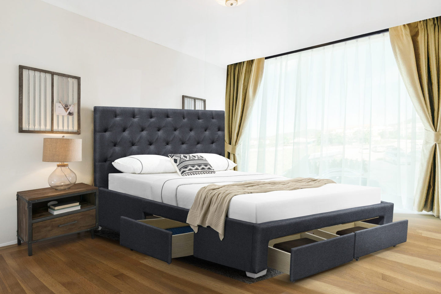 Dhaka Linen Fabric 4-Drawer Bed Frame - Luxurious & Functional Addition to Your Bedroom