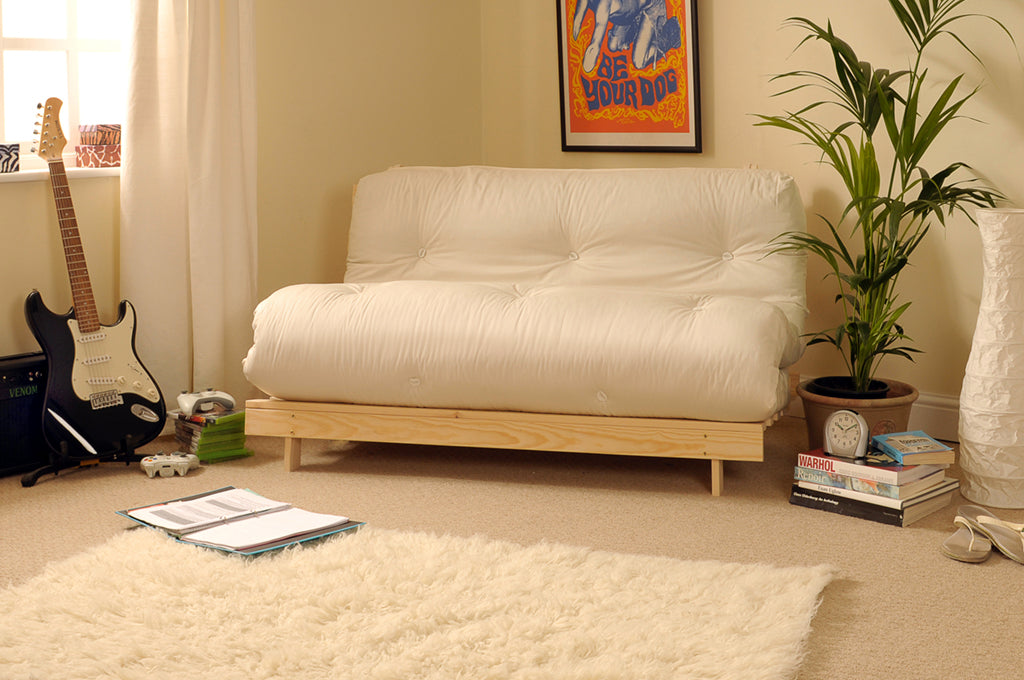 Wooden Futon sofa bed frame with a Standard Mattress