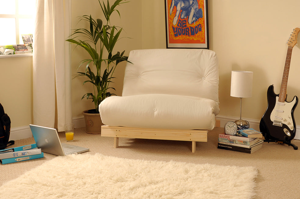 Wooden Futon sofa bed frame with a Standard Mattress