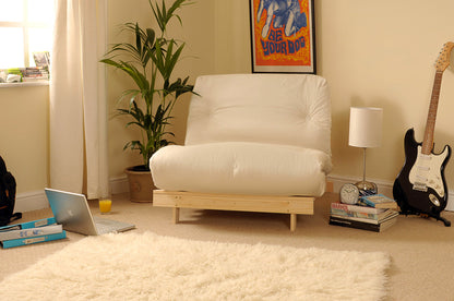 Wooden Futon sofa bed frame with a Standard Mattress