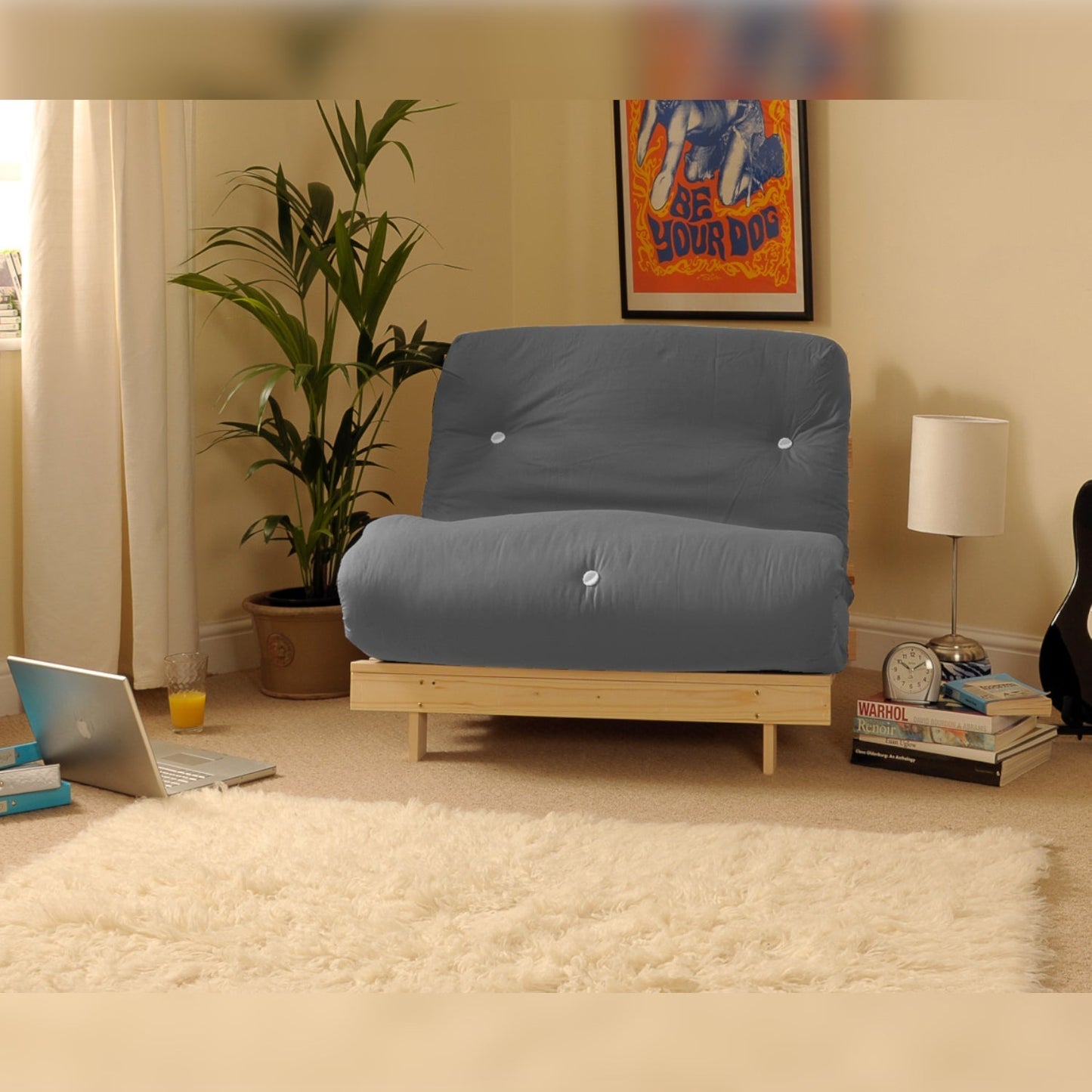 Wooden Futon sofa bed frame with a Standard Mattress