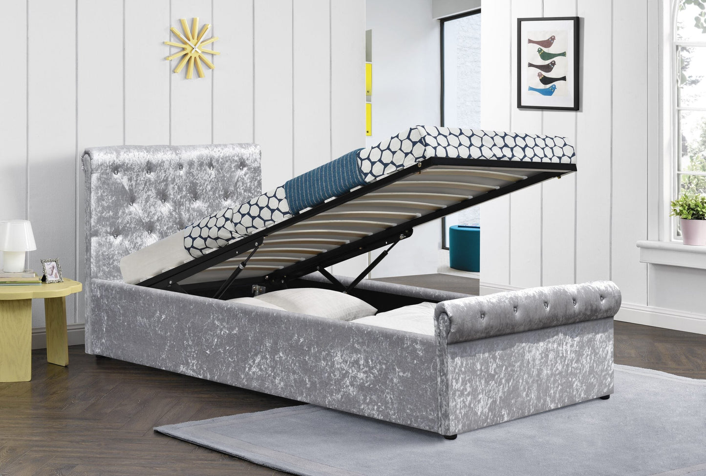 Marseille Crushed Velvet Ottoman Sleigh Bed Frame - Luxurious & Space-Saving Elegance for Your Bedroom
