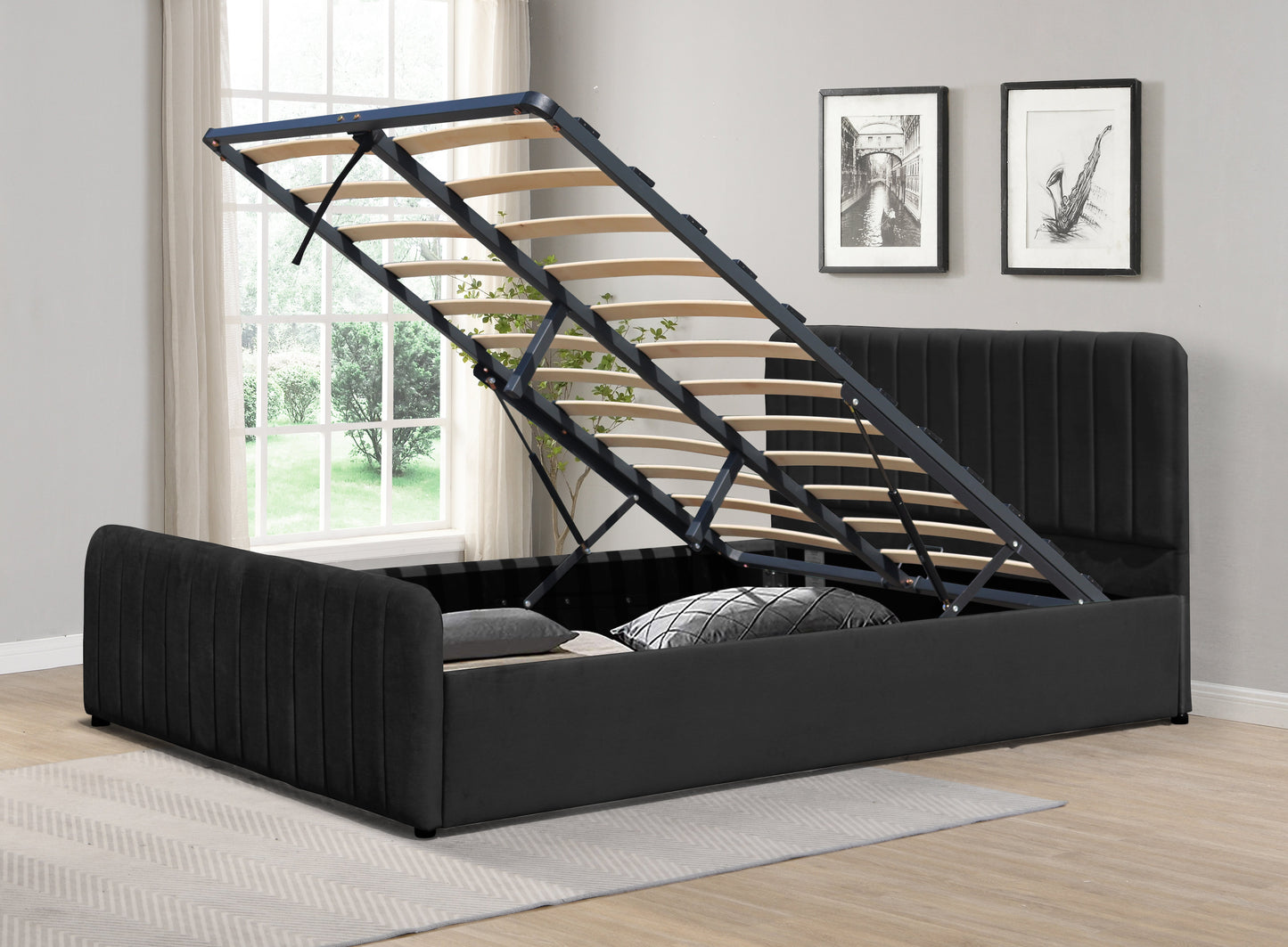 Gas Lift Ottoman Bed in Brushed Velvet – Black, Light Grey, Dark Grey – Available in 3ft, 4ft6, and 5ft Sizes