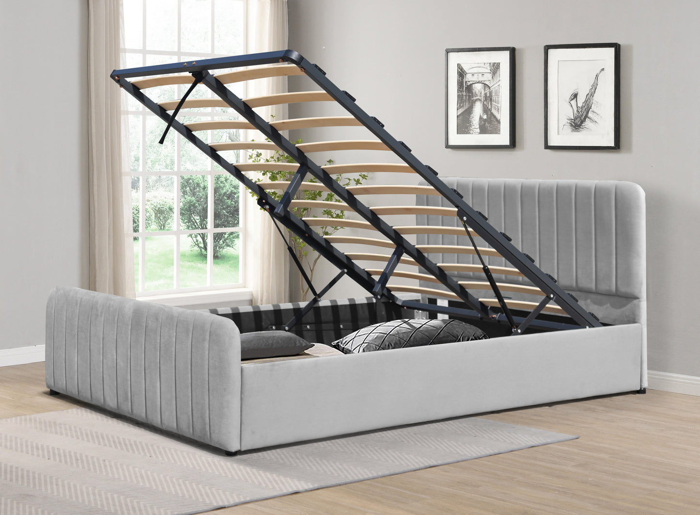 Gas Lift Ottoman Bed in Brushed Velvet – Black, Light Grey, Dark Grey – Available in 3ft, 4ft6, and 5ft Sizes
