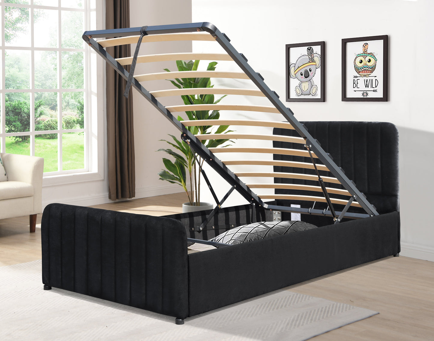 Gas Lift Ottoman Bed in Brushed Velvet – Black, Light Grey, Dark Grey – Available in 3ft, 4ft6, and 5ft Sizes