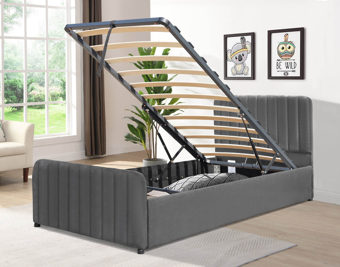 Gas Lift Ottoman Bed in Brushed Velvet – Black, Light Grey, Dark Grey – Available in 3ft, 4ft6, and 5ft Sizes