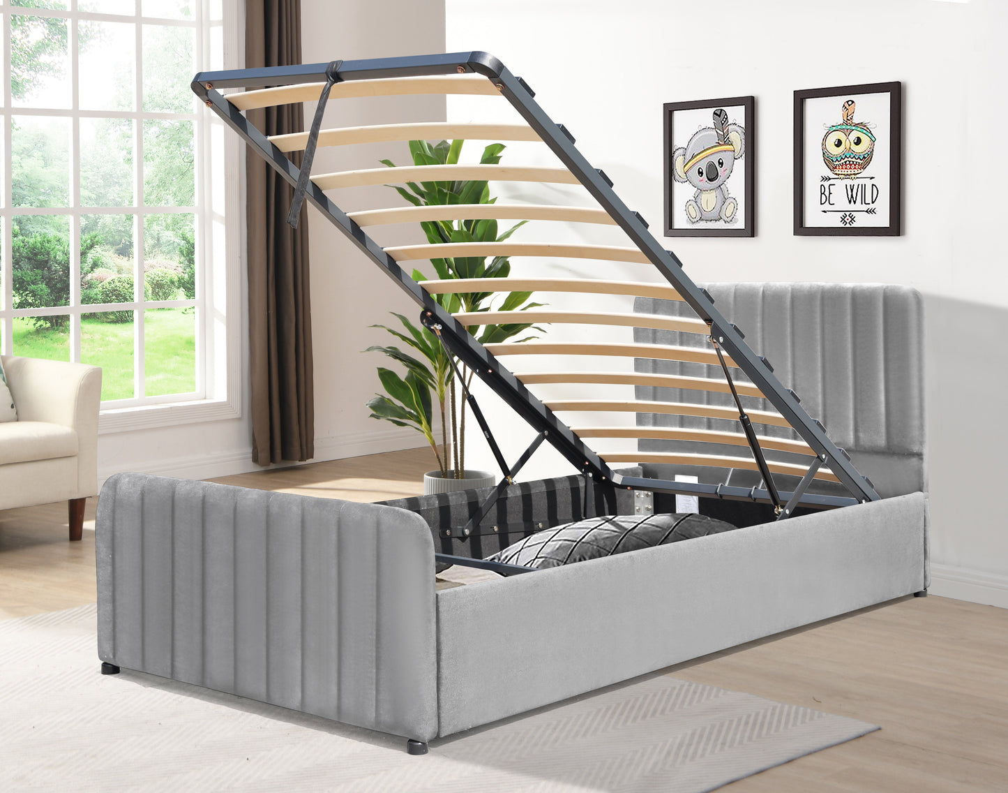 Gas Lift Ottoman Bed in Brushed Velvet – Black, Light Grey, Dark Grey – Available in 3ft, 4ft6, and 5ft Sizes