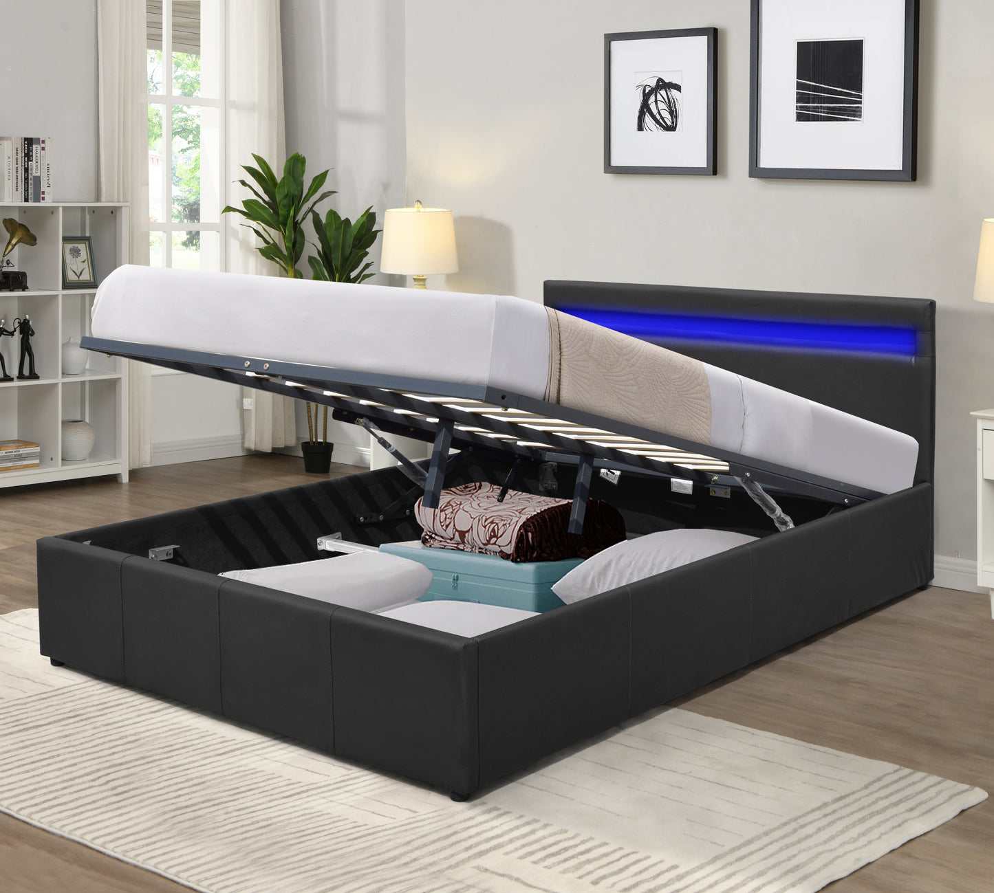 Prado Faux Leather Gas Lift Ottoman Bedframe With LED Strip