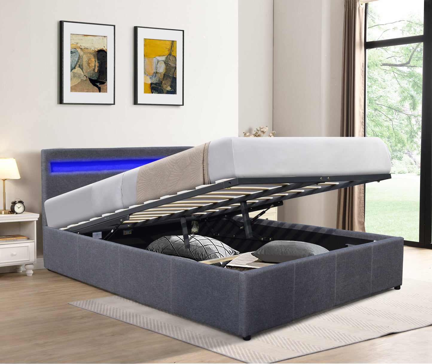 Prado Fabric Gas Lift Ottoman Bedframe With LED Strip