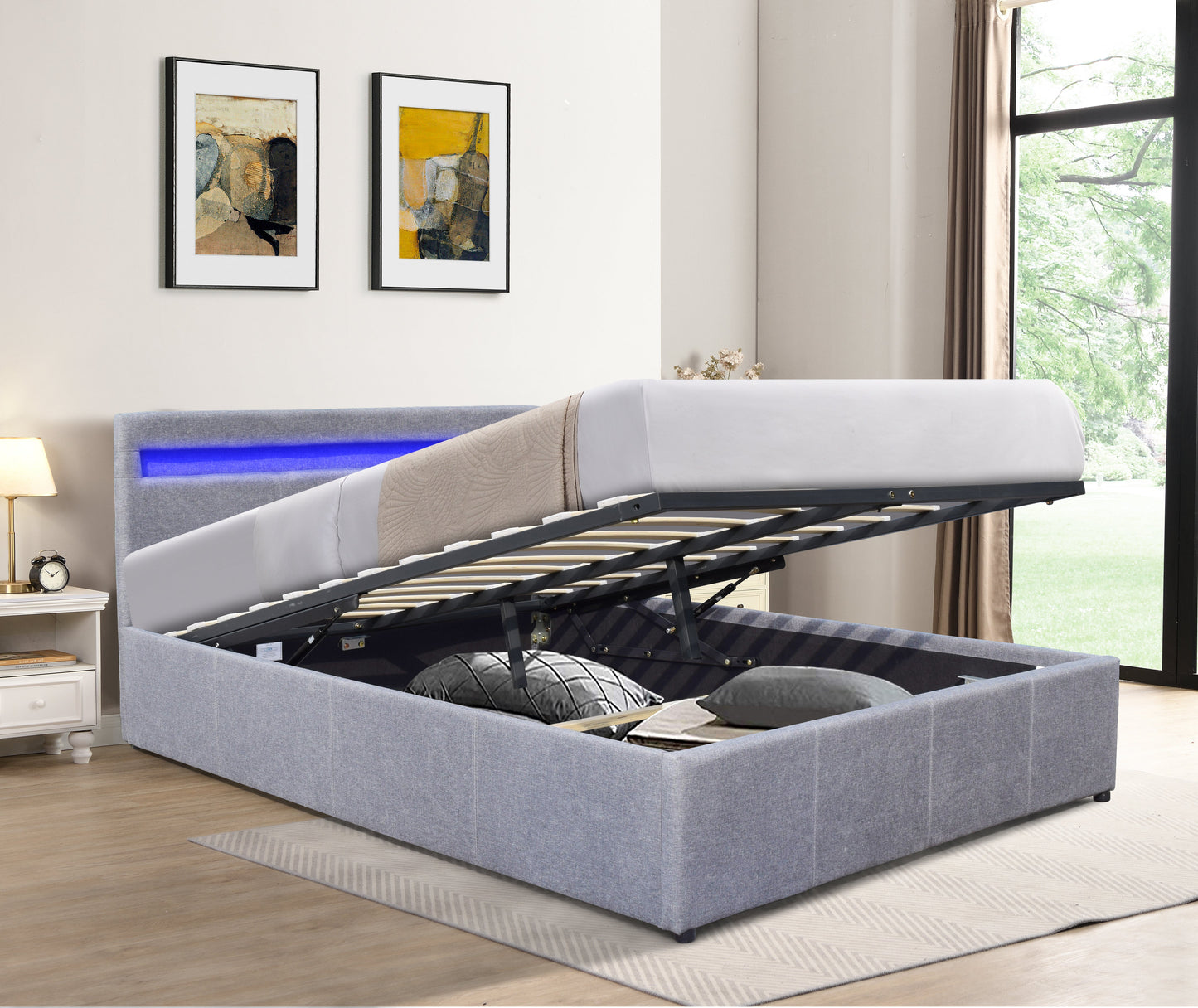 Prado Fabric Gas Lift Ottoman Bedframe With LED Strip