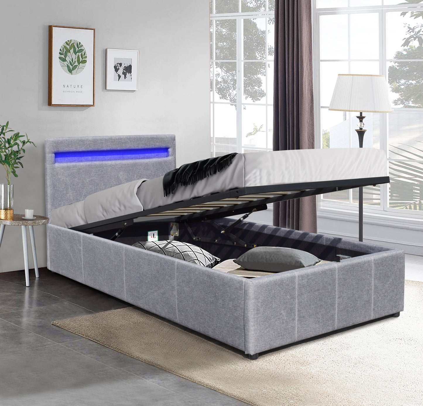 Prado Fabric Gas Lift Ottoman Bedframe With LED Strip