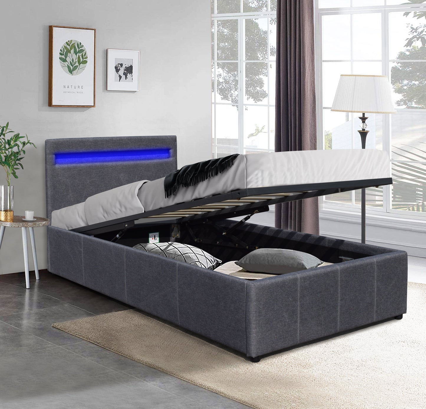 Prado Fabric Gas Lift Ottoman Bedframe With LED Strip