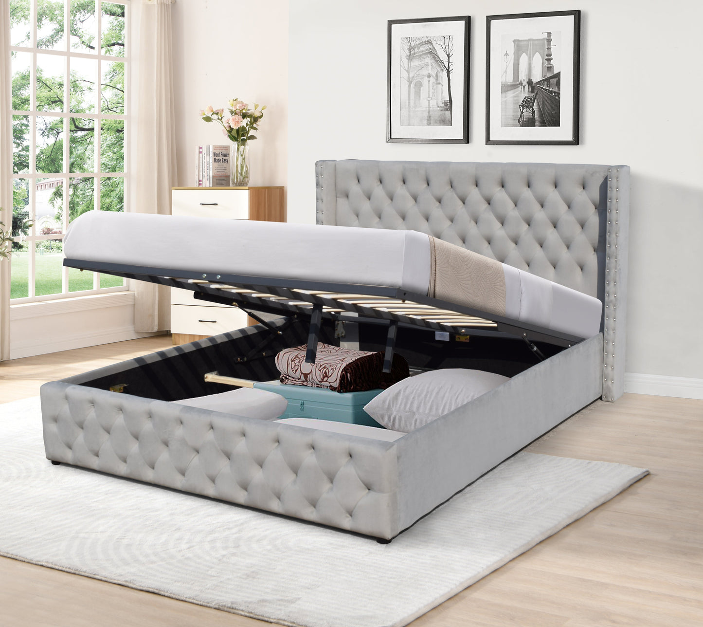 Winged Plush Velvet Ottoman Bed