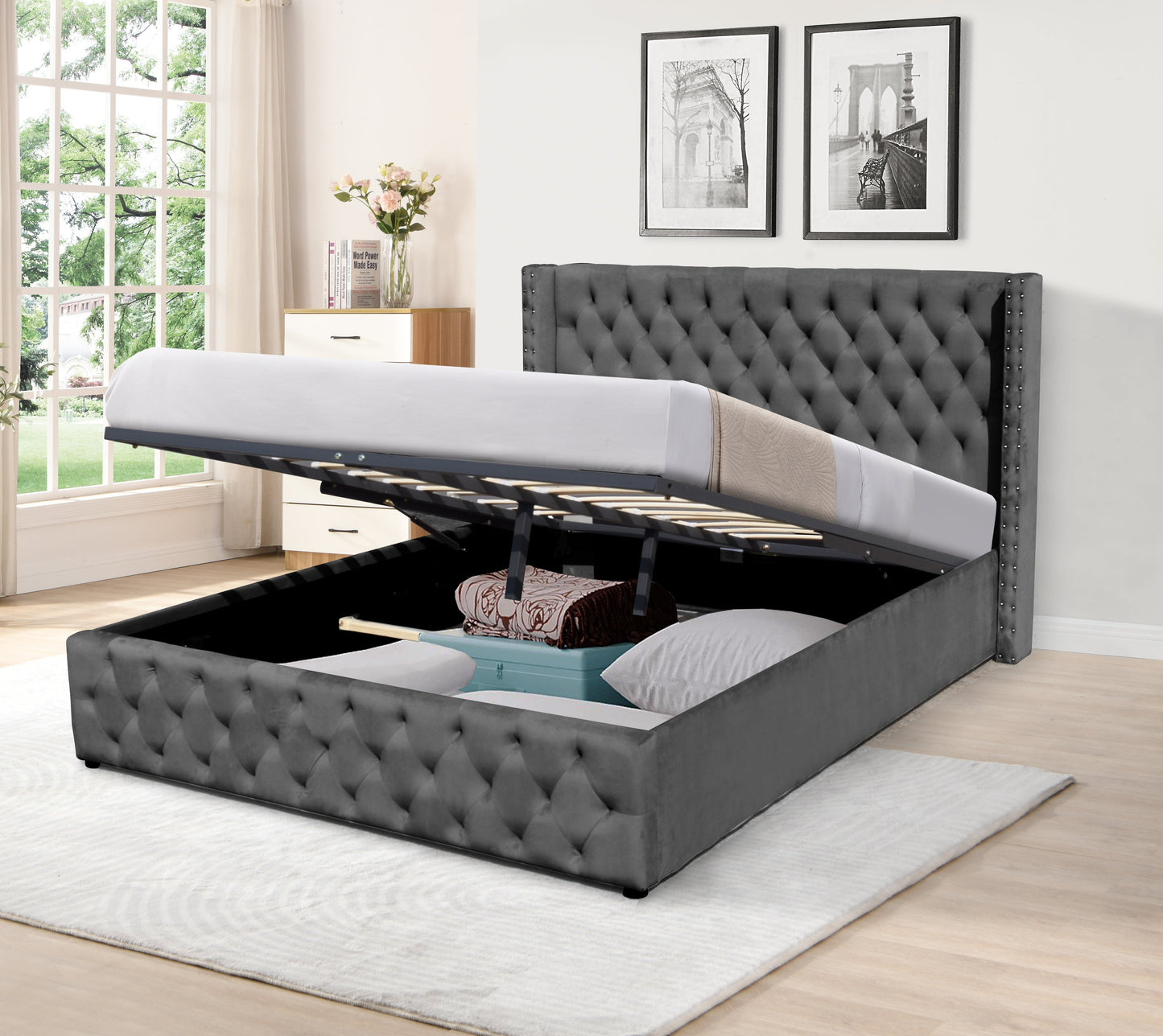 Winged Plush Velvet Ottoman Bed