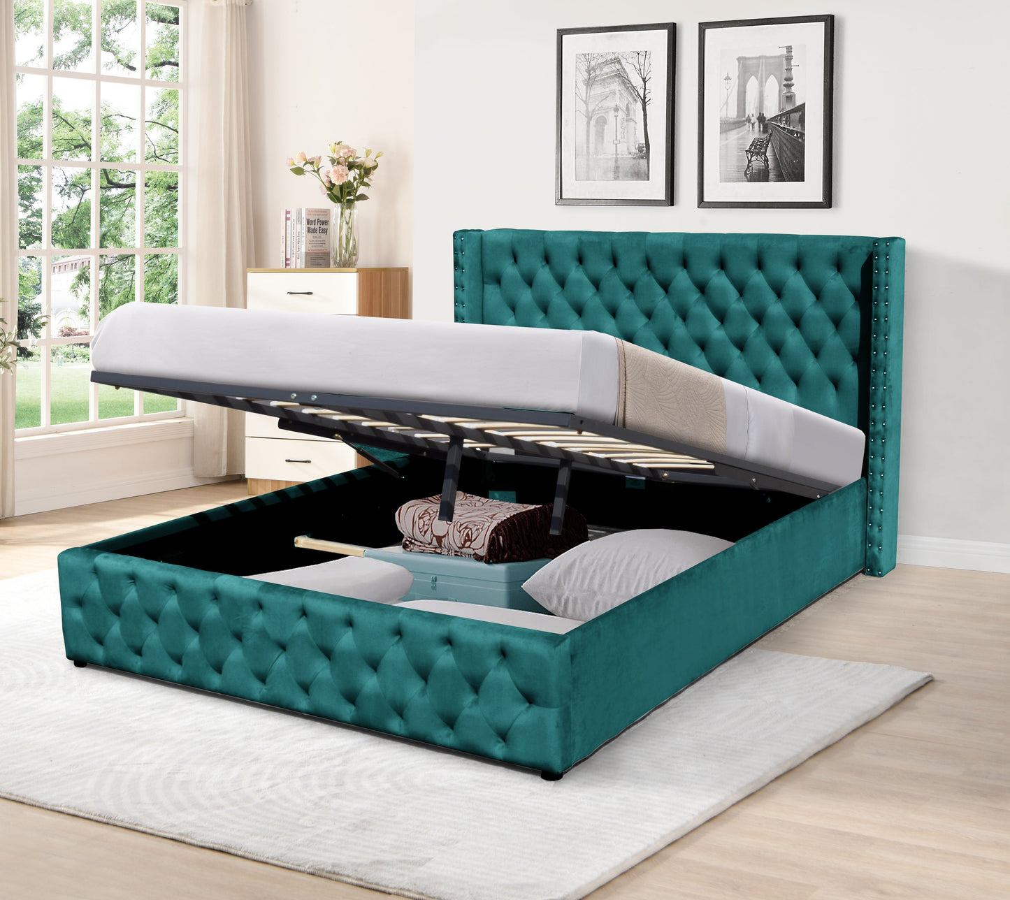 Winged Plush Velvet Ottoman Bed