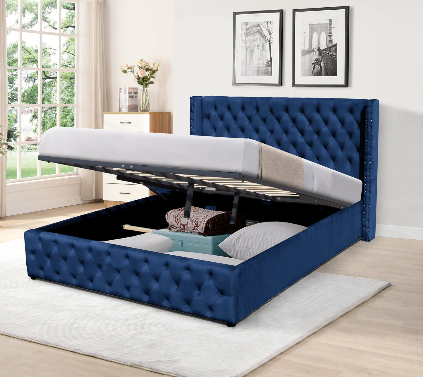 Winged Plush Velvet Ottoman Bed