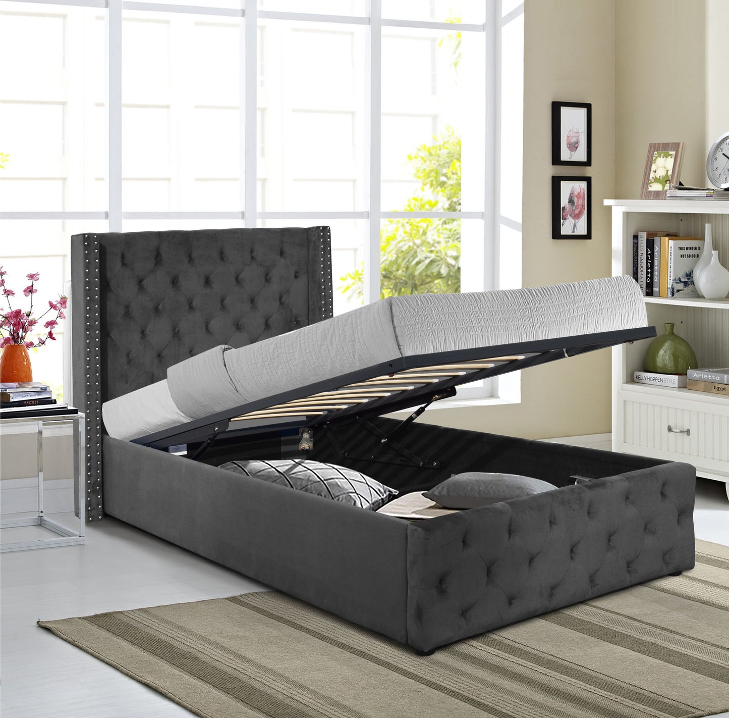 Winged Plush Velvet Ottoman Bed