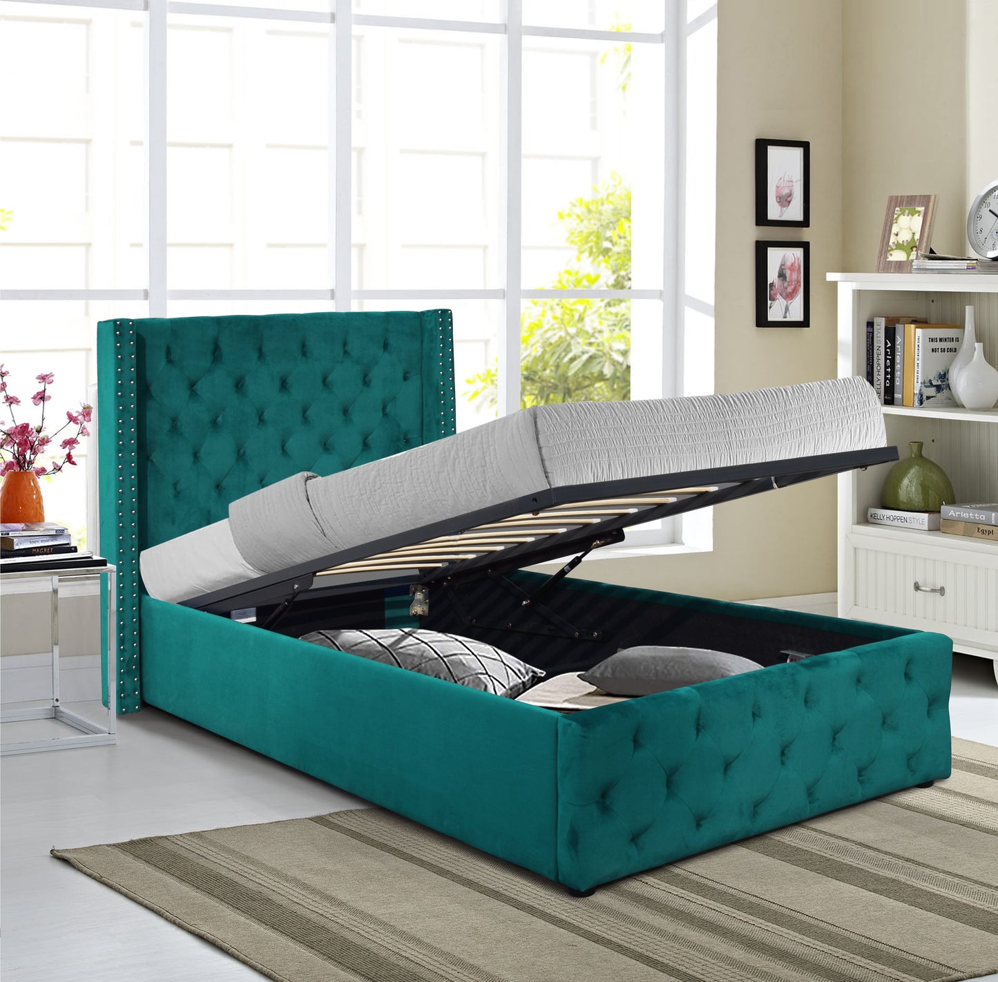 Winged Plush Velvet Ottoman Bed