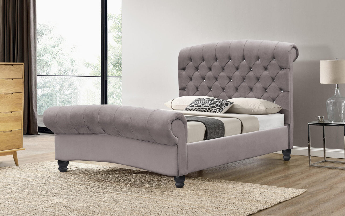 Luxurious Cannes Plush Velvet Diamante Chesterfield Sleigh Bed - Elegance Redefined