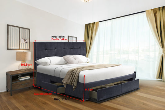 Shanghai 4-Drawer Bed Frame: Plush Velvet for a Luxurious Sleep Experience