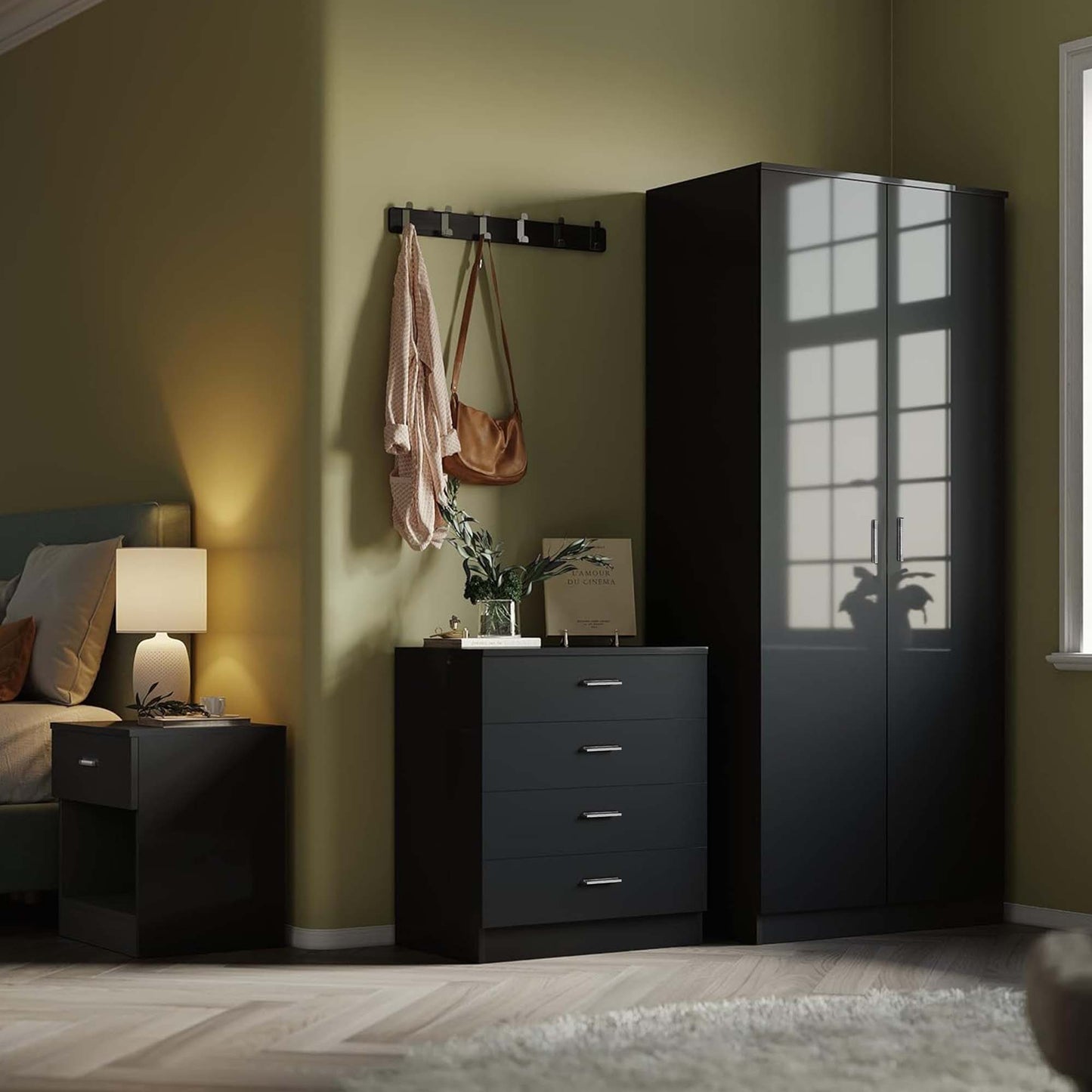 High Gloss Bedroom Furniture 3 Piece Trio Set Wardrobe Chest Bedside