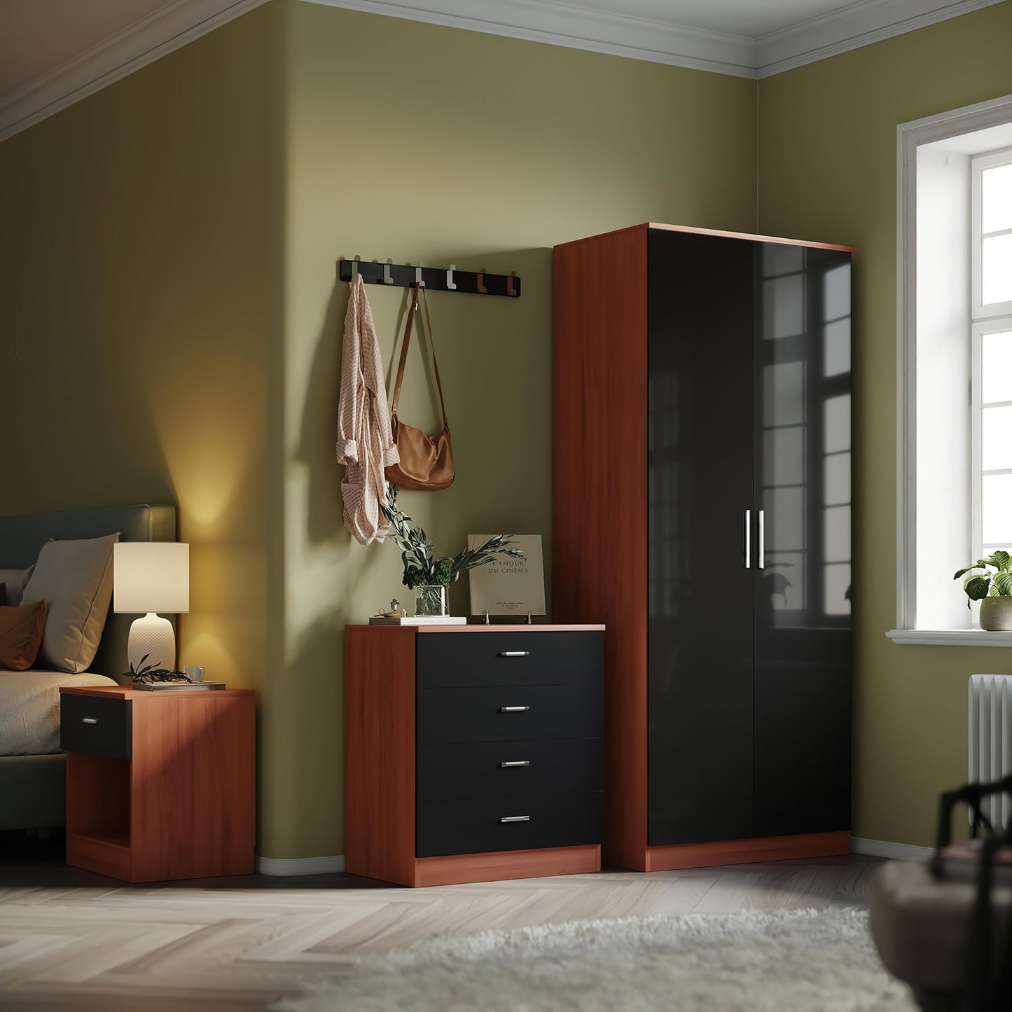 High Gloss Bedroom Furniture 3 Piece Trio Set Wardrobe Chest Bedside
