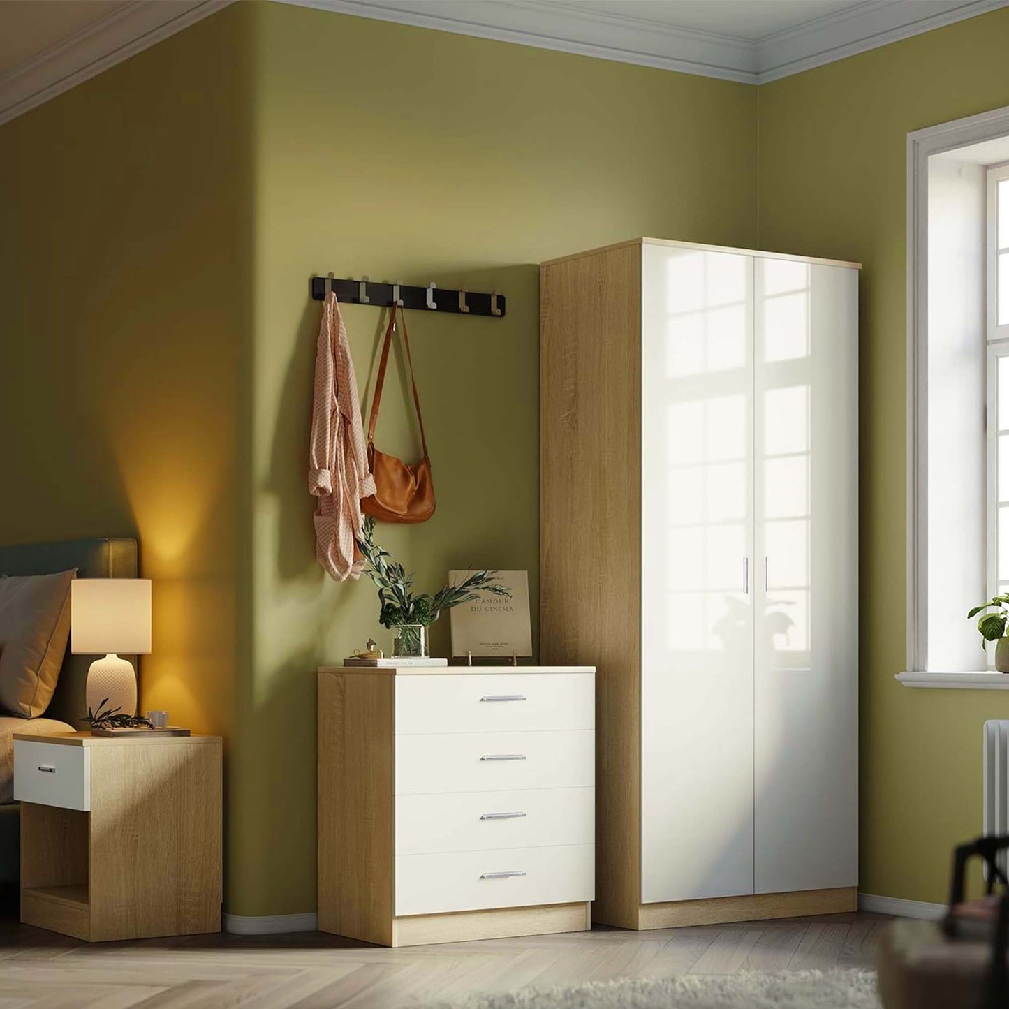 High Gloss Bedroom Furniture 3 Piece Trio Set Wardrobe Chest Bedside