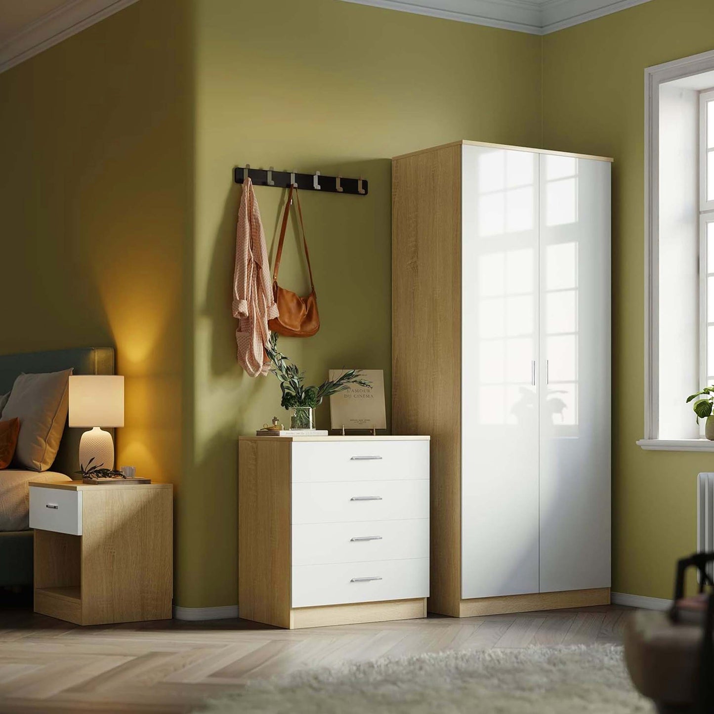 High Gloss Bedroom Furniture 3 Piece Trio Set Wardrobe Chest Bedside