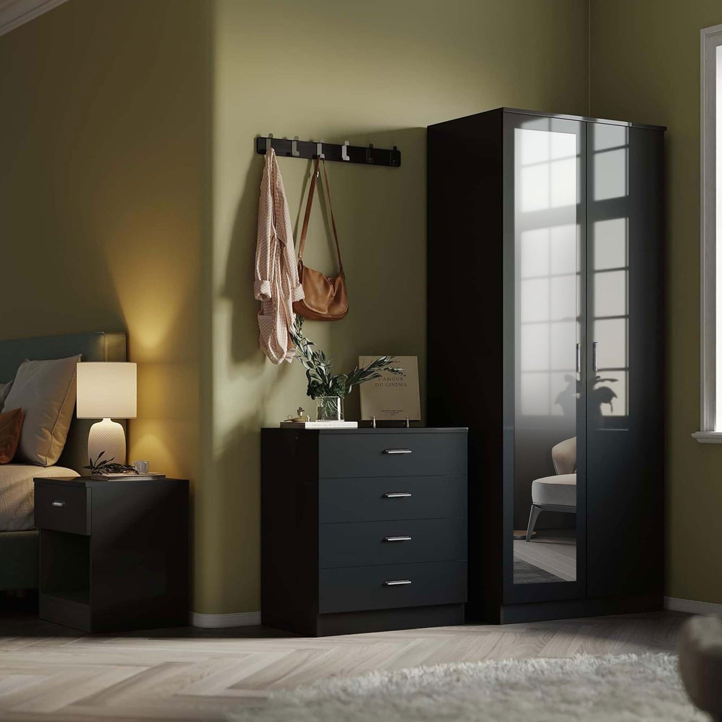 High Gloss Bedroom Furniture 3 Piece Trio Set Wardrobe Chest Bedside